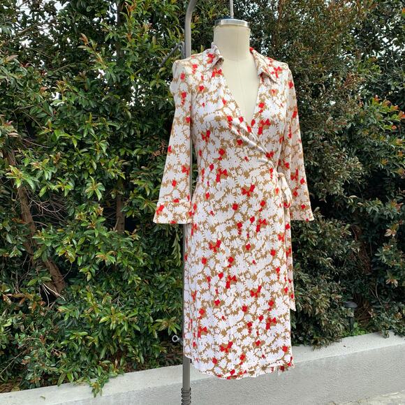 Diane Von Furstenberg Floral Wrap Midi Dress - Red and White - Picture 1 of 8